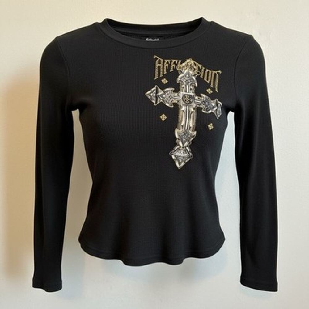 Y2K Affliction womens Black Thermal Long Sleeve Crop top cross Ribbed 2 Sided XS